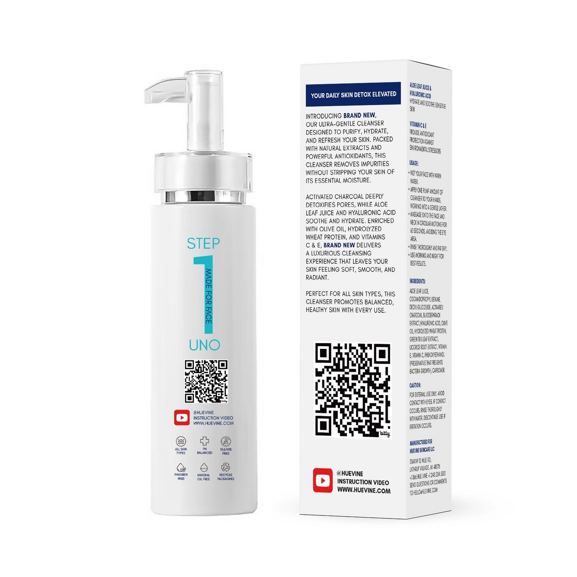 Back packaging and product label of HueVine Brand New Detoxing Facial Cleanser showing ingredients, directions, and product information.