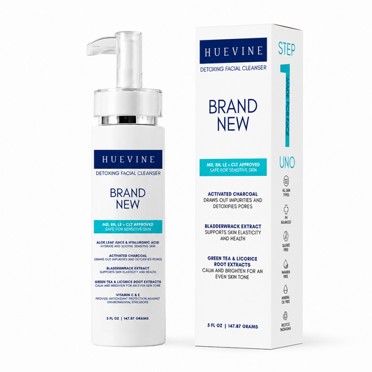 HueVine Brand New Facial Cleanser product and packaging on a clean white background.