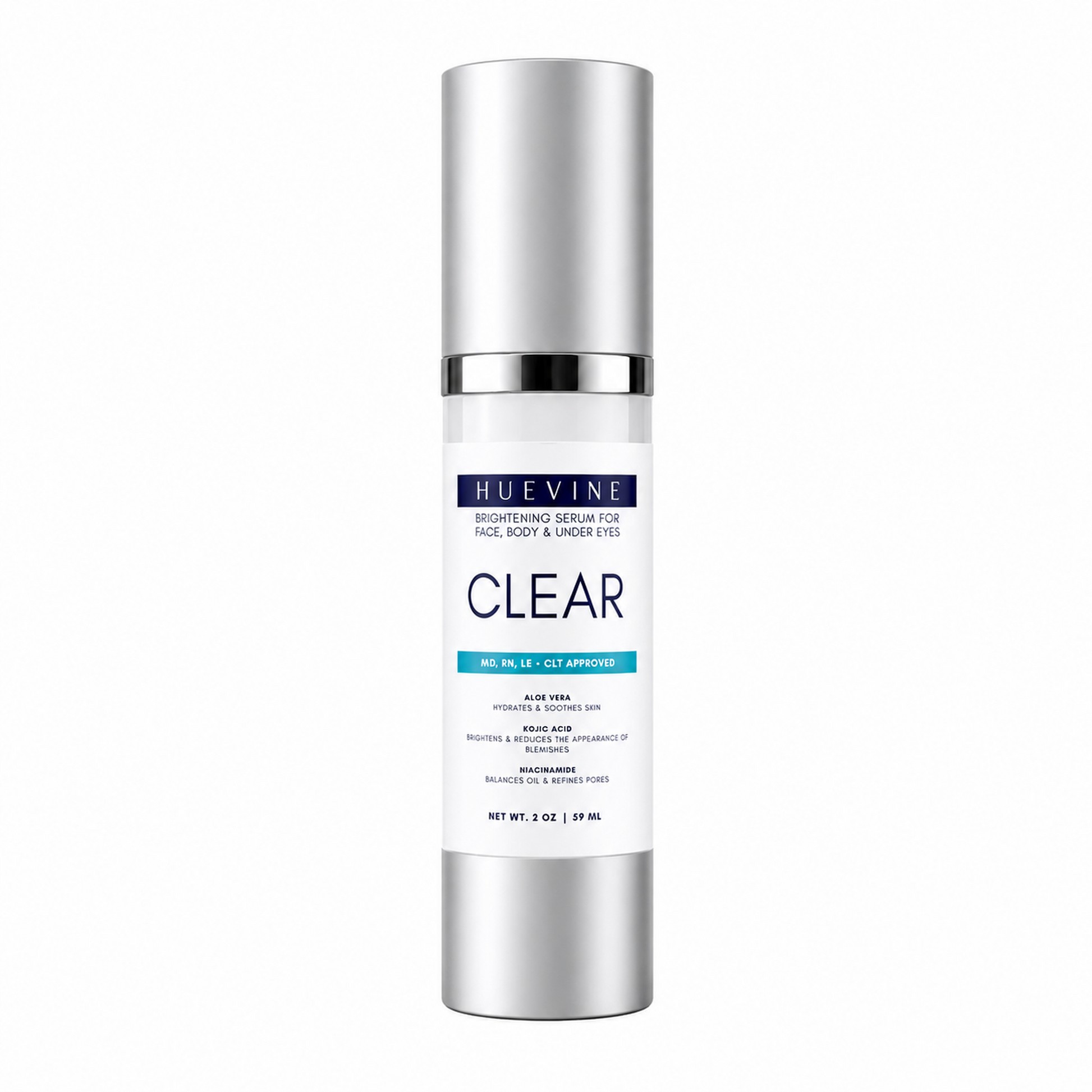 HueVine Clear Brightening Serum bottle on a clean white background showing product packaging and label.