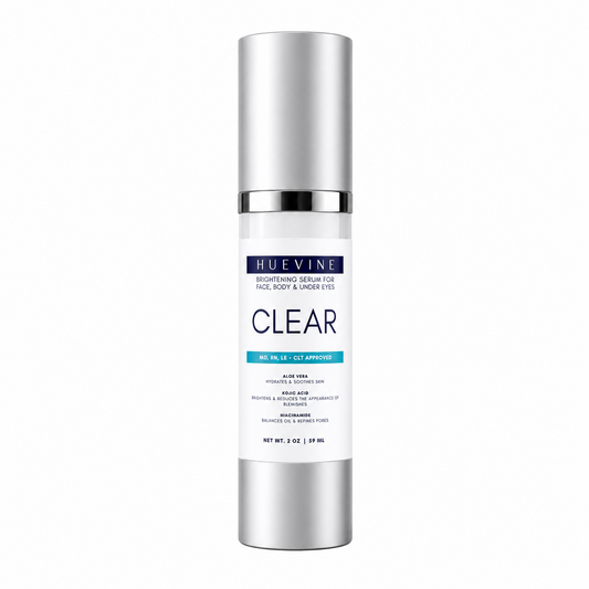 HueVine Clear Brightening Serum bottle on a clean white background showing product packaging and label.