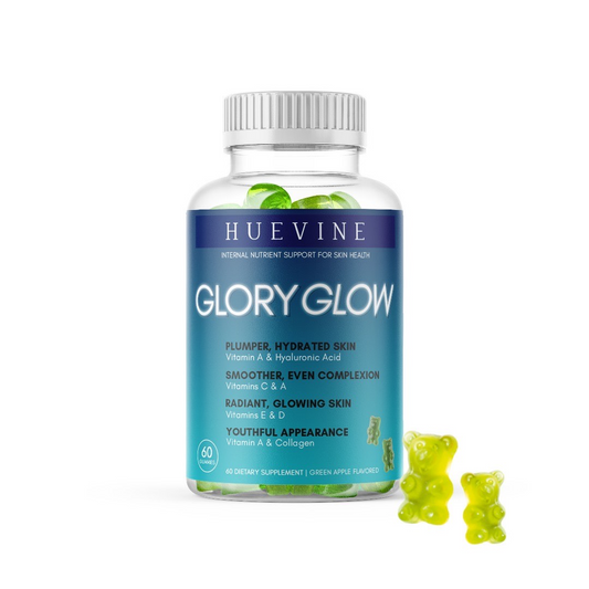 HueVine Glory Glow vitamin gummies bottle on a white background with green apple flavored gummies.