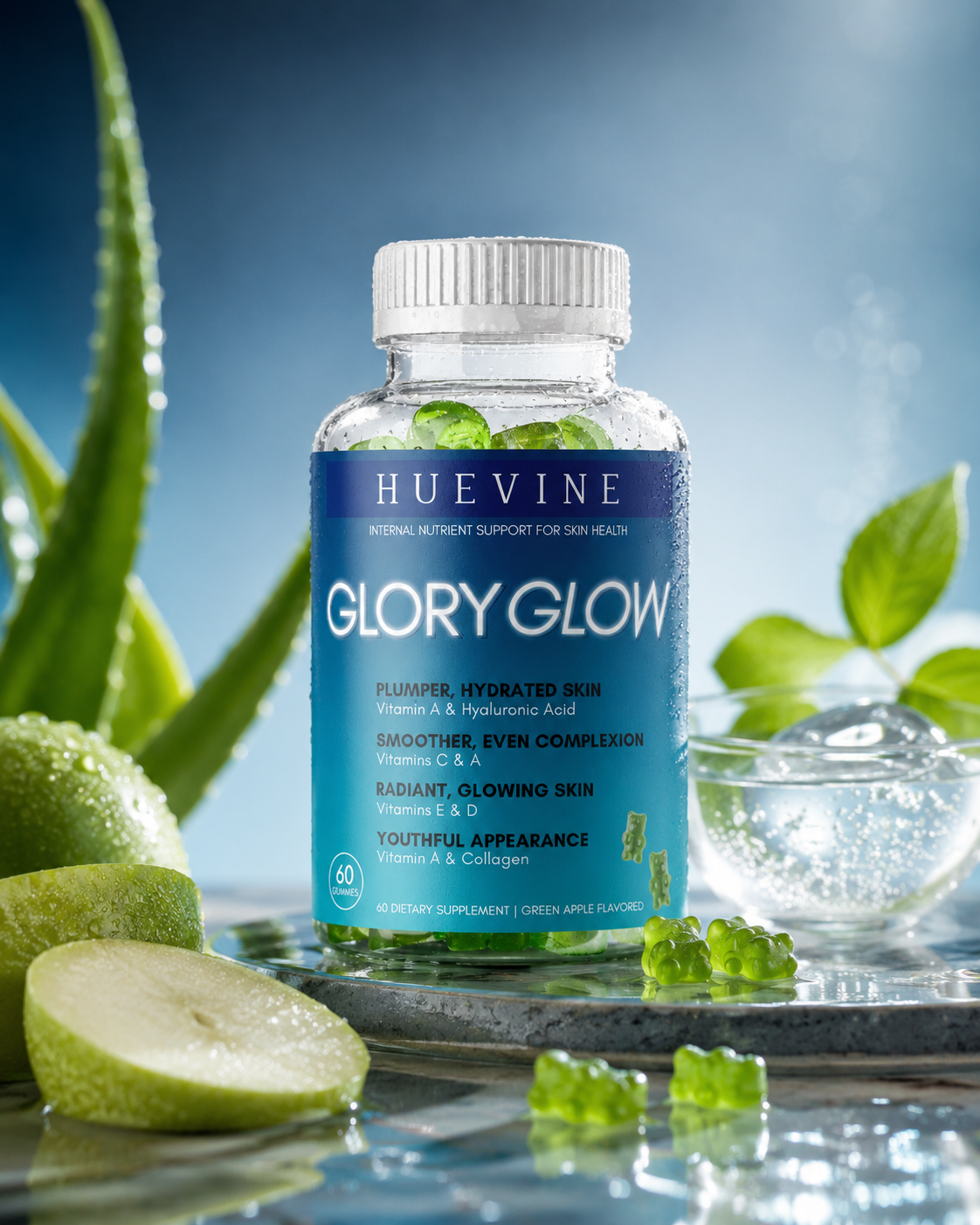 HueVine Glory Glow vitamin gummies displayed with green apple slices and botanical ingredients in a wellness lifestyle setting.