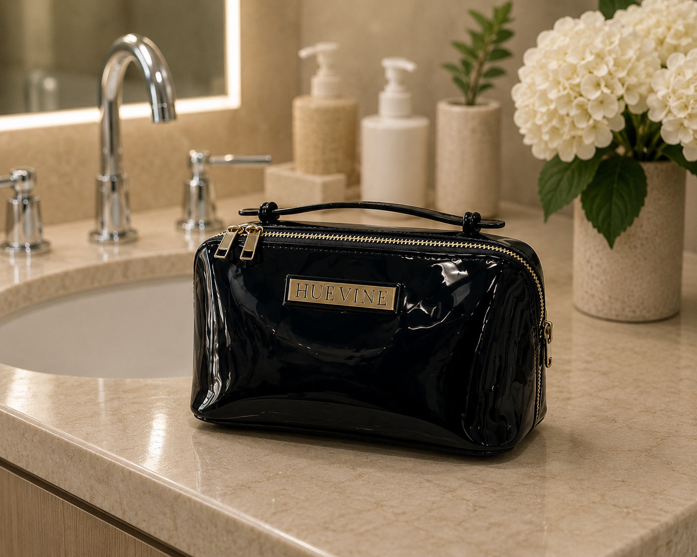 HueVine Glow Bag displayed on a luxury bathroom counter beside a sink in an elegant skincare setting.