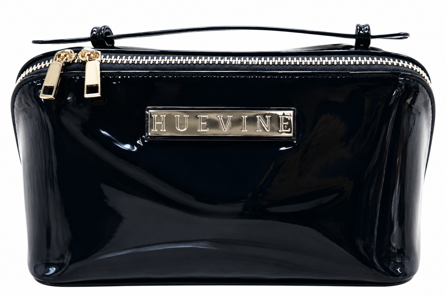 HueVine Glow Bag black cosmetic travel case with gold zipper details on a white background.