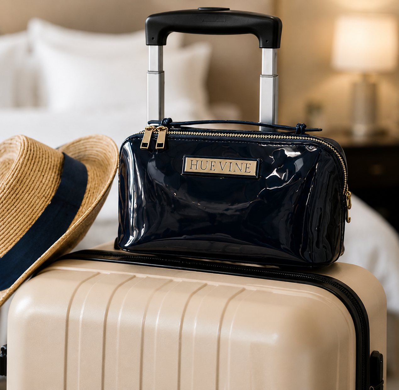 HueVine Glow Bag placed on luggage for travel and skincare organization.