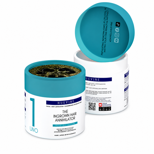 HueVine The Ingrown Hair Annihilator exfoliating bar storage containers with removable lids displayed on a transparent background.