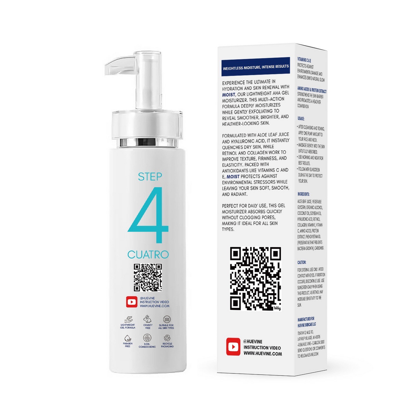 Back view of HueVine MOIST lightweight AHA gel moisturizer and retail packaging showing product information and usage details.