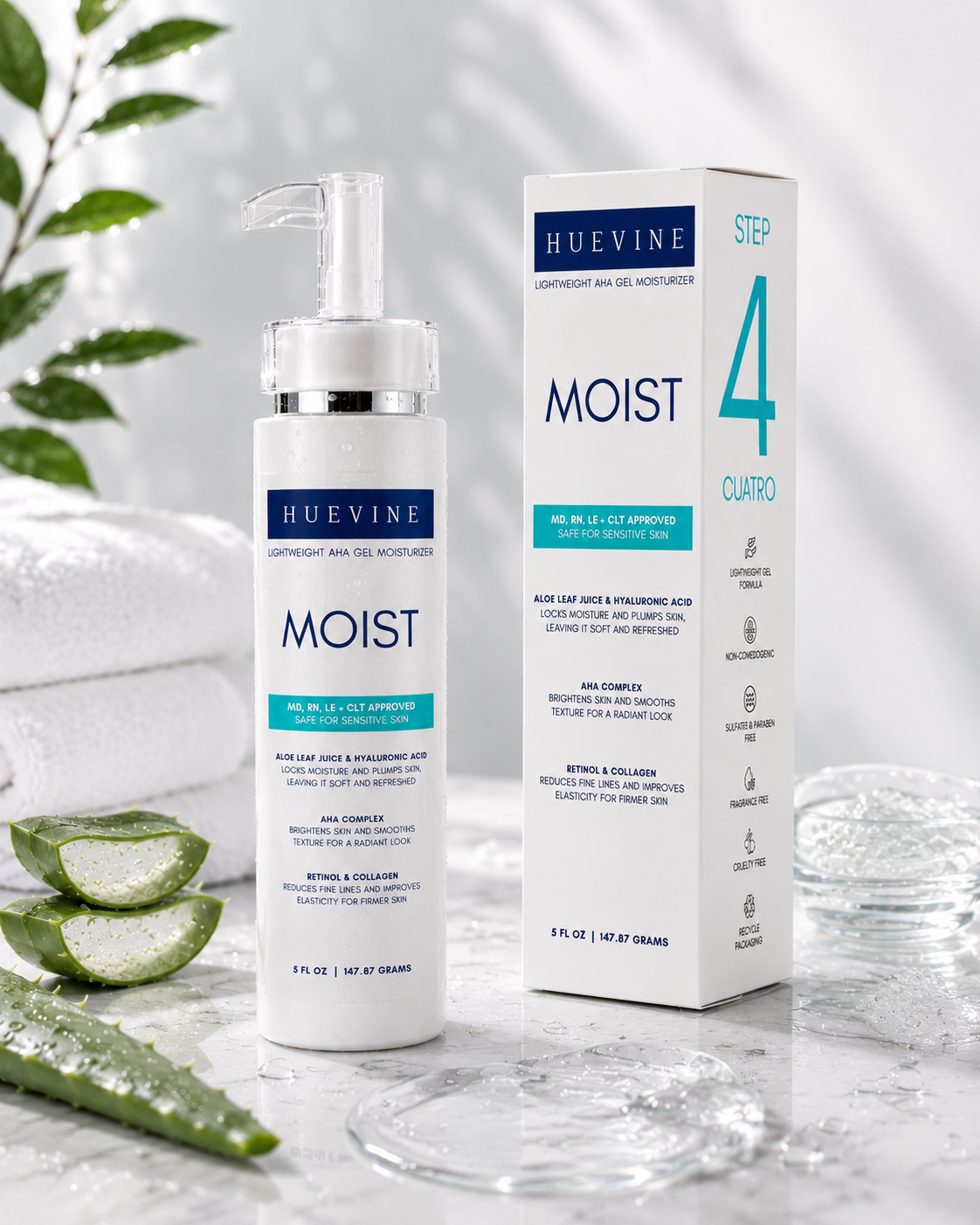HueVine MOIST lightweight AHA gel moisturizer displayed with aloe vera and spa-inspired skincare ingredients in a luxury skincare setting.