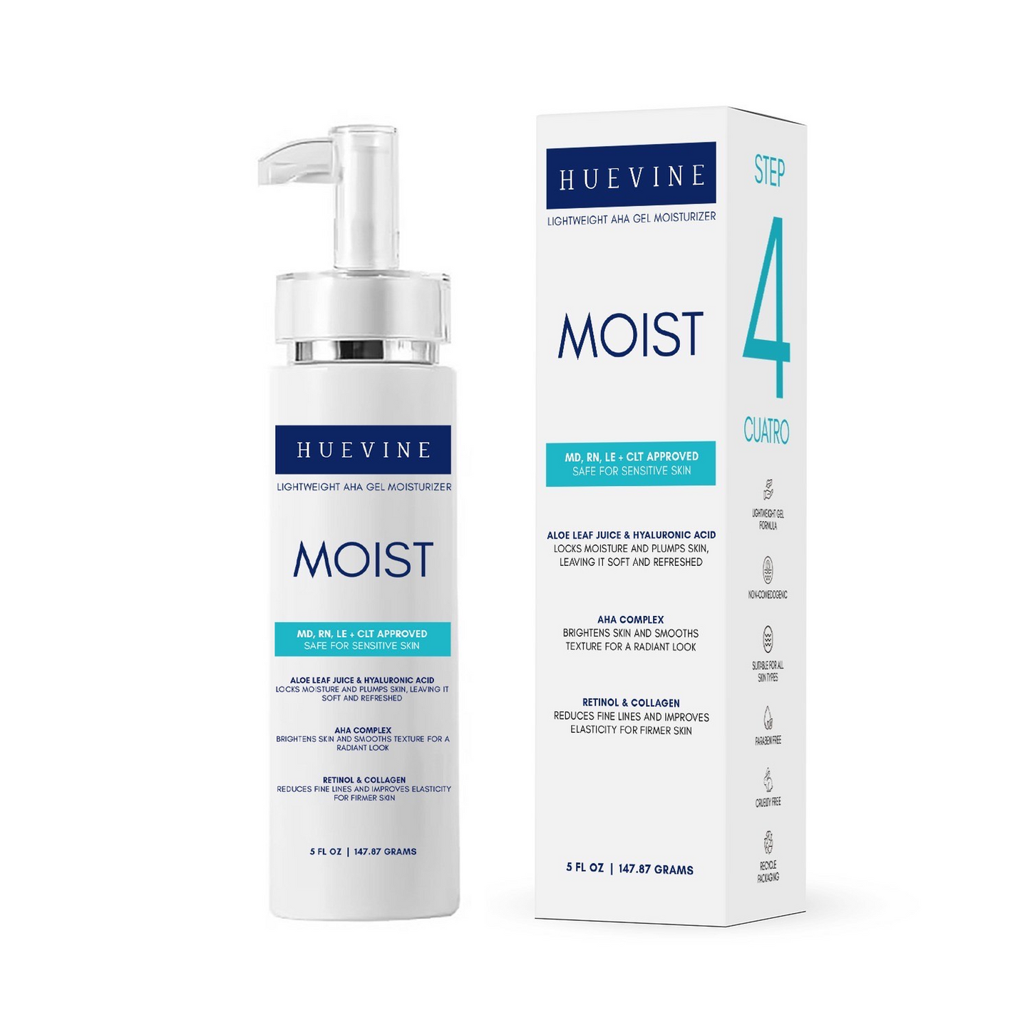 HueVine MOIST lightweight AHA gel moisturizer with retail packaging isolated on a white background.