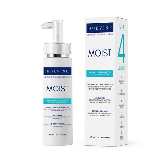 HueVine MOIST lightweight AHA gel moisturizer with retail packaging isolated on a white background.