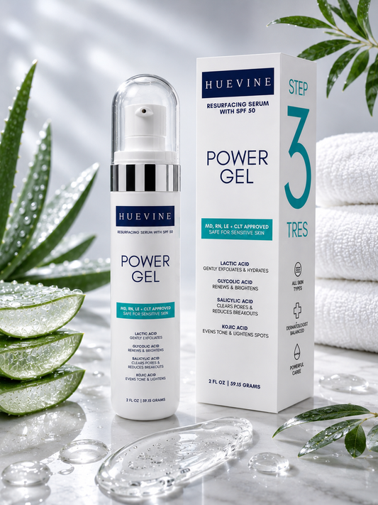 HueVine Power Gel resurfacing serum with SPF 50 displayed alongside retail packaging in a luxury skincare setting with aloe vera and hydration-inspired elements.