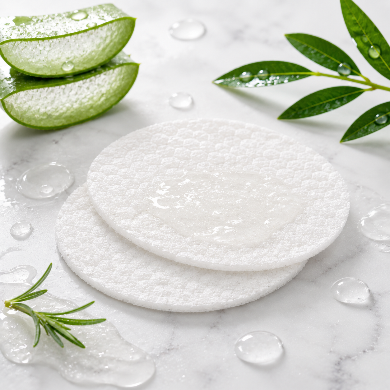 Close-up of HueVine Purifying Pads showing textured cleansing pad surface with treatment solution and botanical-inspired skincare styling.