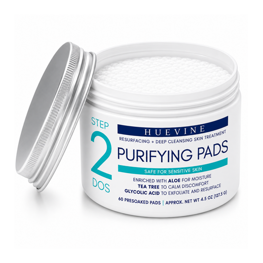 HueVine Purifying Pads resurfacing and deep cleansing skin treatment with retail packaging and open container isolated on a clean white background.