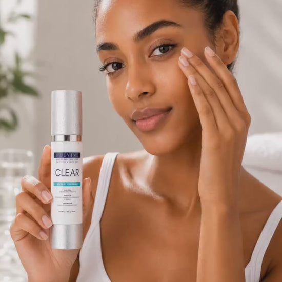 Video demonstration of HueVine Clear Brightening Serum being applied during a skincare routine.